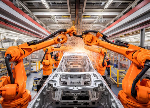 Fertigungsstraße mit Schweißrobotern